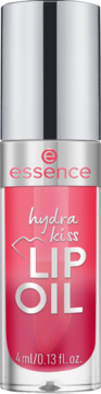 Essence Hydra Kiss Lip Oil, różowy olejek do ust w przezroczystej butelce ze srebrną nakrętką, widok z przodu.