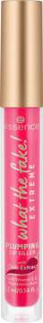 Różowy błyszczyk Essence What the fake! Plumping Lip Filler Extreme z chili, w tubce, złota nakrętka.