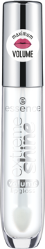 Przezroczysty błyszczyk Essence Extreme Shine Volume Lipgloss w butelce, srebrna nakrętka z różowymi ustami.