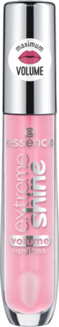 Różowy błyszczyk Essence Extreme Shine Volume w przezroczystej tubce ze srebrną nakrętką, widok z przodu.