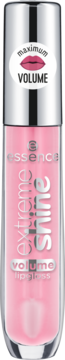 Różowy błyszczyk Essence Extreme Shine Volume w przezroczystej tubce ze srebrną nakrętką, widok z przodu.