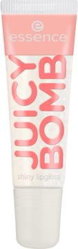 Essence Juicy Bomb Shiny Lipgloss w tubce, przezroczyste opakowanie z różowymi napisami, widok z przodu.