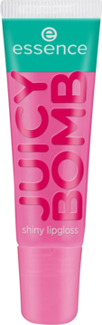 Różowy błyszczyk Essence Juicy Bomb Shiny Lipgloss Witty Watermelon, pionowa tubka z tealowym paskiem, widok z przodu.