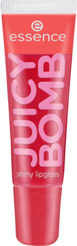 Czerwony błyszczyk Essence Juicy Bomb Shiny Lipgloss w tubce z białym zamknięciem, widok z przodu.