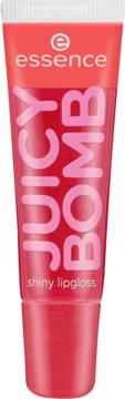 Czerwony błyszczyk Essence Juicy Bomb Shiny Lipgloss w tubce z białym zamknięciem, widok z przodu.