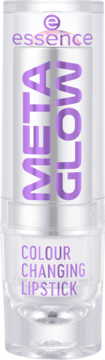 Przezroczysta tuba pomadki Essence Meta Glow Colour Changing Lipstick z fioletowym pionowym napisem, widok z przodu.