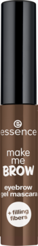 Vertical shot of Essence Make Me Brow eyebrow gel mascara in a brown tube with a black cap, highlighting +filling fibers.