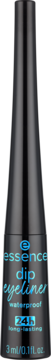 Essence Dip Eyeliner waterproof, czarna butelka z niebieskimi napisami, widok z przodu, 24h longlasting.