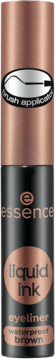 Wodoodporny brązowy eyeliner Essence Liquid Ink w czarnej butelce z miedzianą zakrętką, z aplikatorem.