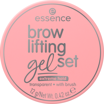 Różowy, okrągły pojemnik Essence Brow Lifting Gel Set, widok z góry, z błyszczącymi srebrnymi napisami.