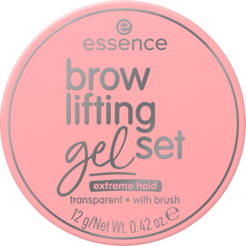 Różowy, okrągły pojemnik Essence Brow Lifting Gel Set, widok z góry, z błyszczącymi srebrnymi napisami.