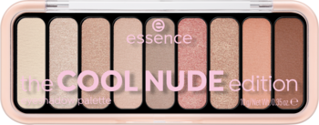 Paleta cieni Essence The Cool Nude Edition, widok z góry. Zawiera 9 neutralnych odcieni nude, matowych i perłowych.