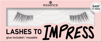 Front różowego opakowania sztucznych rzęs Essence Lashes to Impress, z widocznymi rzęsami i napisem EASY to apply.