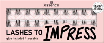 Różowe pudełko Essence Lashes to Impress z kępkami czarnych sztucznych rzęs, klejem i napisem "EASY to apply".