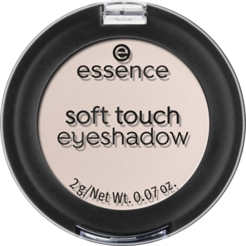 Matowy cień Essence Soft Touch 01 The One, jasnobeżowy, w czarnym, okrągłym opakowaniu z góry.