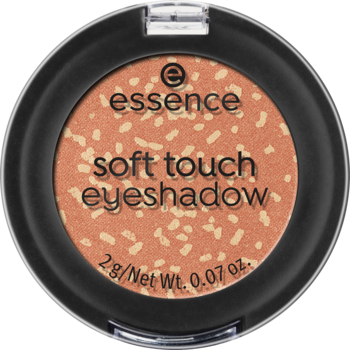 Pomarańczowy cień Essence Soft Touch Eyeshadow 09 Apricot Crush w otwartym czarnym kompakcie, widok z góry.