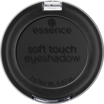 Czarny cień do powiek Essence Soft Touch 06 Pitch Black w okrągłym kompakcie z przezroczystą pokrywką, widok z góry.