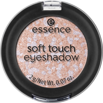 Essence Soft Touch Eyeshadow Bubbly Champagne, otwarty, okrągły pojemnik z jasnym, brokatowym cieniem.