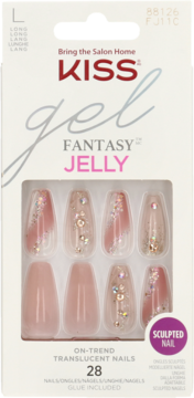 Opakowanie KISS Gel Fantasy Jelly, długie, rzeźbione, przezroczyste paznokcie z różowym gradientem, brokatem i ozdobami.
