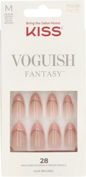 Sztuczne paznokcie Kiss Voguish Fantasy, białe opakowanie, migdał, różowy french z metaliczną linią.
