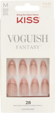 Sztuczne paznokcie Kiss Voguish Fantasy, białe opakowanie, migdał, różowy french z metaliczną linią.