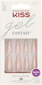 Kiss Gel Fantasy zestaw 28 długich, beżowych, żelowych sztucznych paznokci o perłowym połysku, w opakowaniu.