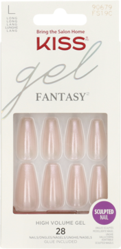 Kiss Gel Fantasy zestaw 28 długich, beżowych, żelowych sztucznych paznokci o perłowym połysku, w opakowaniu.