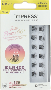 KISS imPRESS Press-On Falsies, opakowanie 12 klastrów naturalnych, czarnych rzęs bez kleju, widok z przodu.