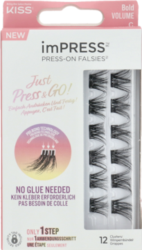 Rzęsy imPRESS Press-on Falsies Bold Volume w białym opakowaniu z różowymi akcentami, bez kleju. Widok z przodu.