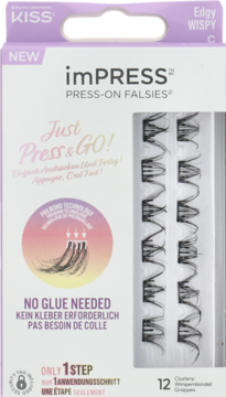 imPRESS PRESS-ON FALSIES, biało-fioletowe opakowanie, widok z przodu. Kępki rzęs bez kleju, napis 'NO GLUE NEEDED'.