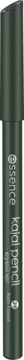 Zielona kredka do oczu Essence Kajal Pencil Eyeliner nr 29 rain forest, pionowo, z niewyraźnymi napisami.