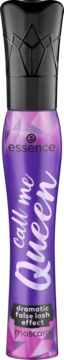 Fioletowa maskara Essence Call Me Queen o efekcie dramatycznych sztucznych rzęs, butelka z czarną nakrętką.