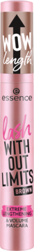 Brązowy tusz Essence Lash Without Limits, ekstremalnie wydłużający i pogrubiający, w różowo-brązowym opakowaniu, widok z przodu.