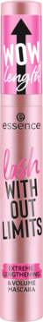 Essence Lash Without Limits, różowy tusz wydłużający i pogrubiający, z napisem WOW length, widok z przodu.