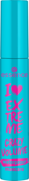 Turkusowa mascara Essence I Love Extreme Crazy Volume z różowym napisem i sercem, wodoodporna, widok z przodu.
