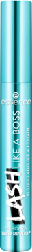 Cylindryczny, turkusowy tusz Essence Lash Like a Boss Waterproof Mascara, widok z przodu, białe napisy.