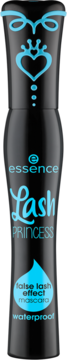 Czarny wodoodporny tusz Essence Lash Princess z efektem sztucznych rzęs, błękitne zdobienia, widok z przodu.