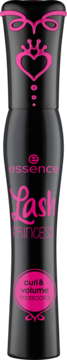 Czarny tusz Essence Lash Princess Curl & Volume z różową grafiką sukni i korony, widok z przodu.