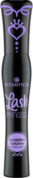 Czarny tusz Essence Lash Princess Sculpted Volume Mascara, pionowy widok butelki z fioletowymi zdobieniami.