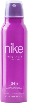 Damski dezodorant Nike #PurpleMood w fioletowej puszce 200 ml, z białym napisem, widok z przodu.