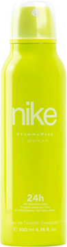 JaskrawoŹółty dezodorant Nike #yummymusk dla kobiet, 200ml, 24h, bez aluminium, widok z przodu.