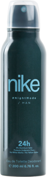 Ciemnozielony dezodorant Nike Night Mode Man 200 ml, z niebieskim logo i przezroczystą nakrętką. Widok z przodu.