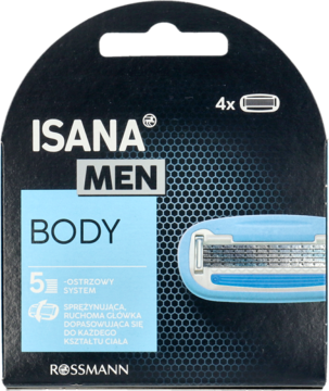 Niebiesko-czarne opakowanie ISANA MEN BODY, 4 wkłady do maszynki 5-ostrzowej, front, widoczna ruchoma główka.