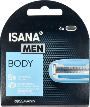 Niebiesko-czarne opakowanie ISANA MEN BODY, 4 wkłady do maszynki 5-ostrzowej, front, widoczna ruchoma główka.