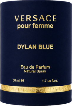 Granatowe pudełko perfum Versace Dylan Blue Femme 50 ml, z przodu, złoty napis i grecki wzór.