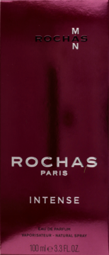 Rochas Man Intense perfumy męskie, bordowe opakowanie 100ml, widok z przodu, srebrny tekst.