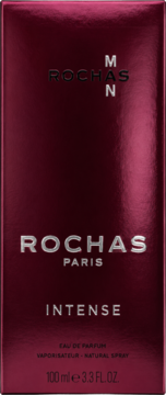 Ciemnobordowe, błyszczące opakowanie Rochas Man Intense EDP 100ml, ze srebrnymi napisami, widok z przodu.