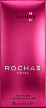 Rochas Man Eau de Toilette, 100ml, fuksjowe, błyszczące pudełko, widok z przodu, srebrny napis.