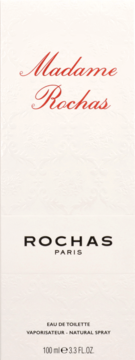 Przednie białe opakowanie perfum Madame Rochas Eau de Toilette 100 ml, z czerwonym tytułem, widok z przodu.