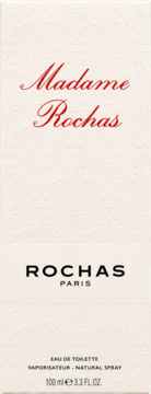 Madame Rochas Eau de Toilette 100ml, pionowe, kremowe pudełko z subtelnym wzorem. Czerwony napis, czarne logo Rochas.